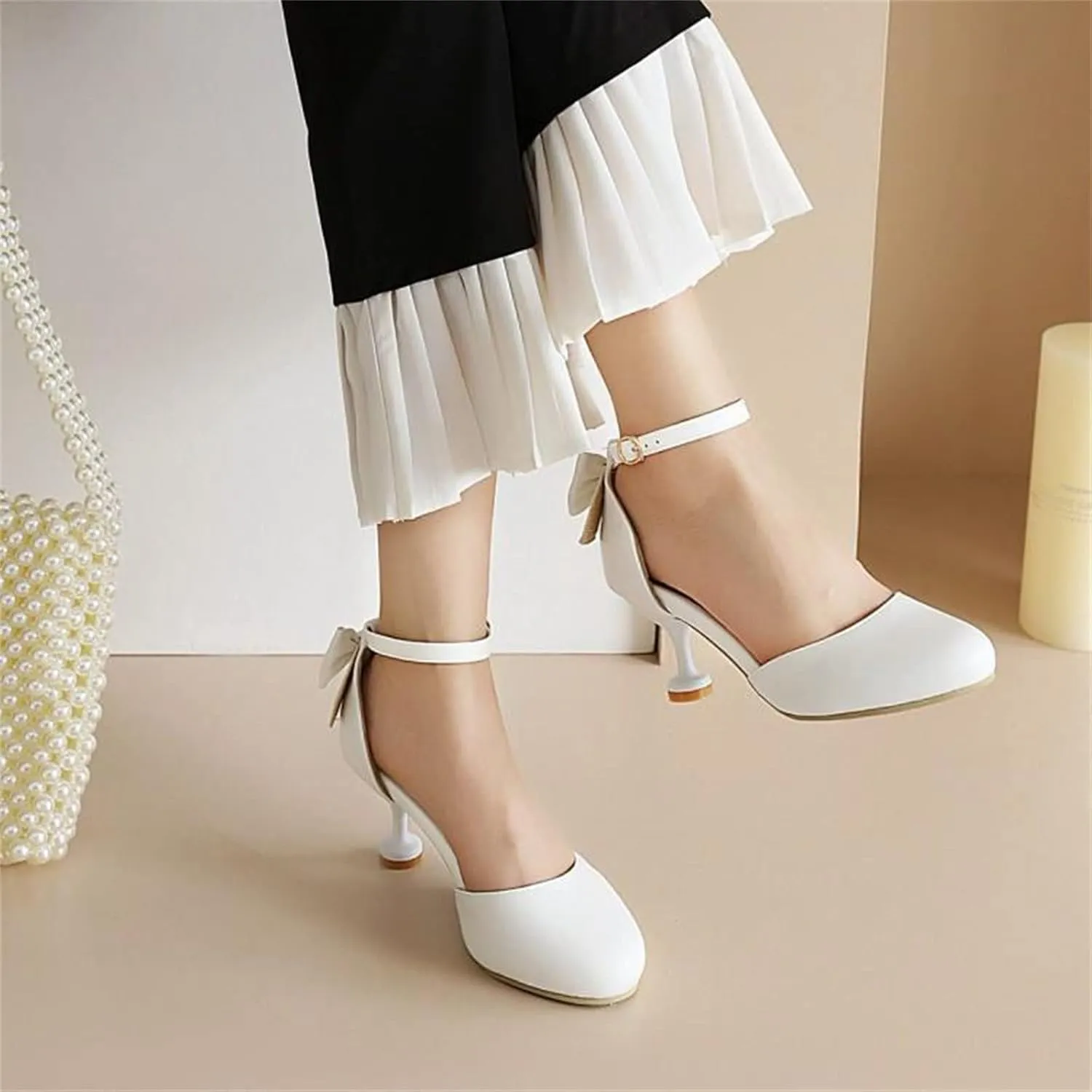 Kids High Heel Dress Shoes Ankle Strap Flower Girl Mary Jane Closed Toe Wedding Party Communion Pump Shoes with Bow