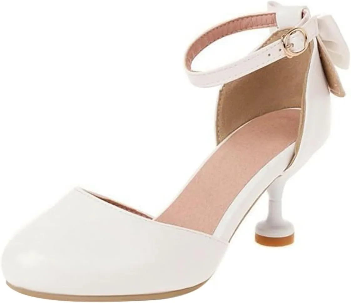 Kids High Heel Dress Shoes Ankle Strap Flower Girl Mary Jane Closed Toe Wedding Party Communion Pump Shoes with Bow