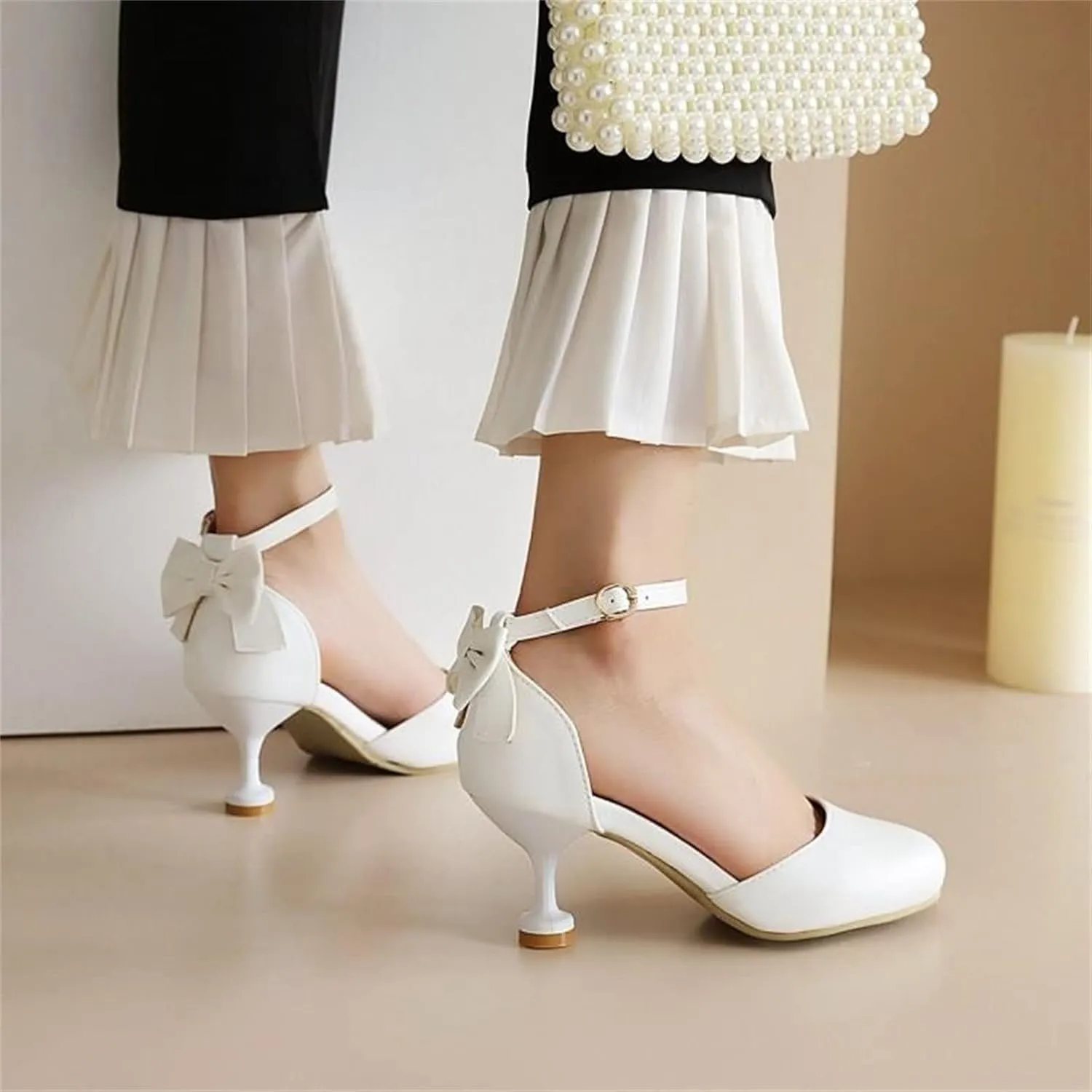 Kids High Heel Dress Shoes Ankle Strap Flower Girl Mary Jane Closed Toe Wedding Party Communion Pump Shoes with Bow
