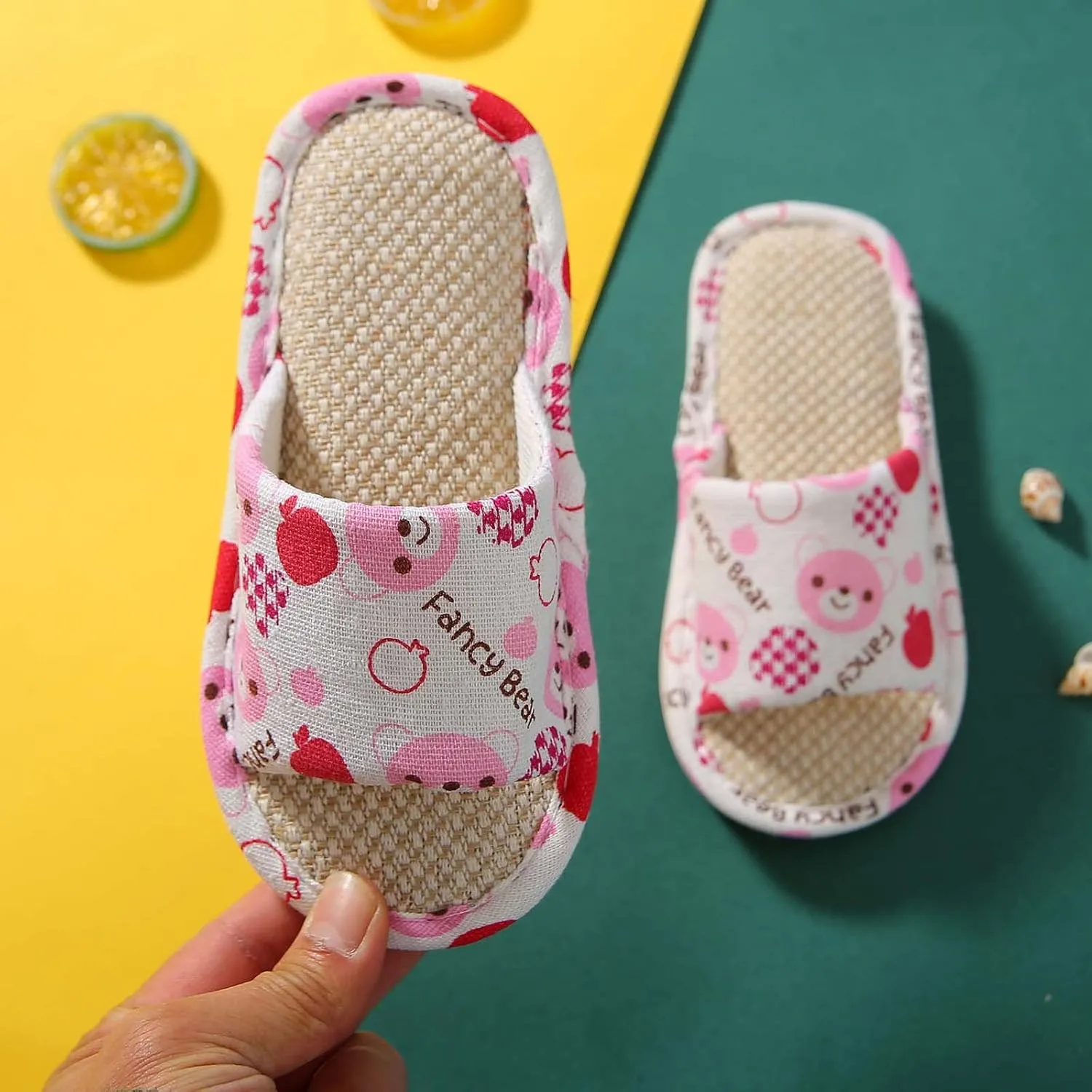 Kids House Slippers for Boys Girls Open Toe Cotton Linen Comfort Slip On Indoor Home Flat Slides Bedroom Footwear