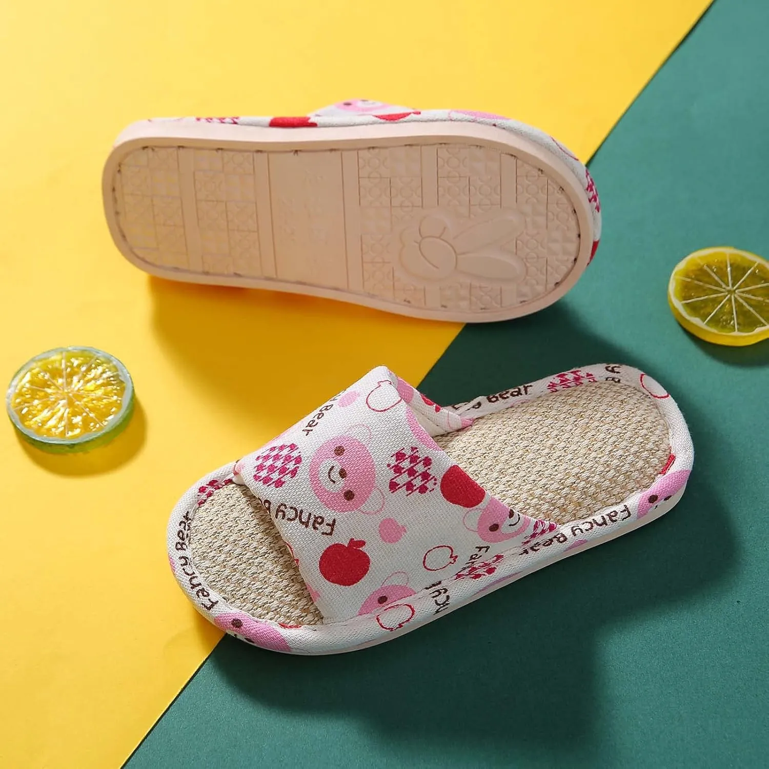 Kids House Slippers for Boys Girls Open Toe Cotton Linen Comfort Slip On Indoor Home Flat Slides Bedroom Footwear