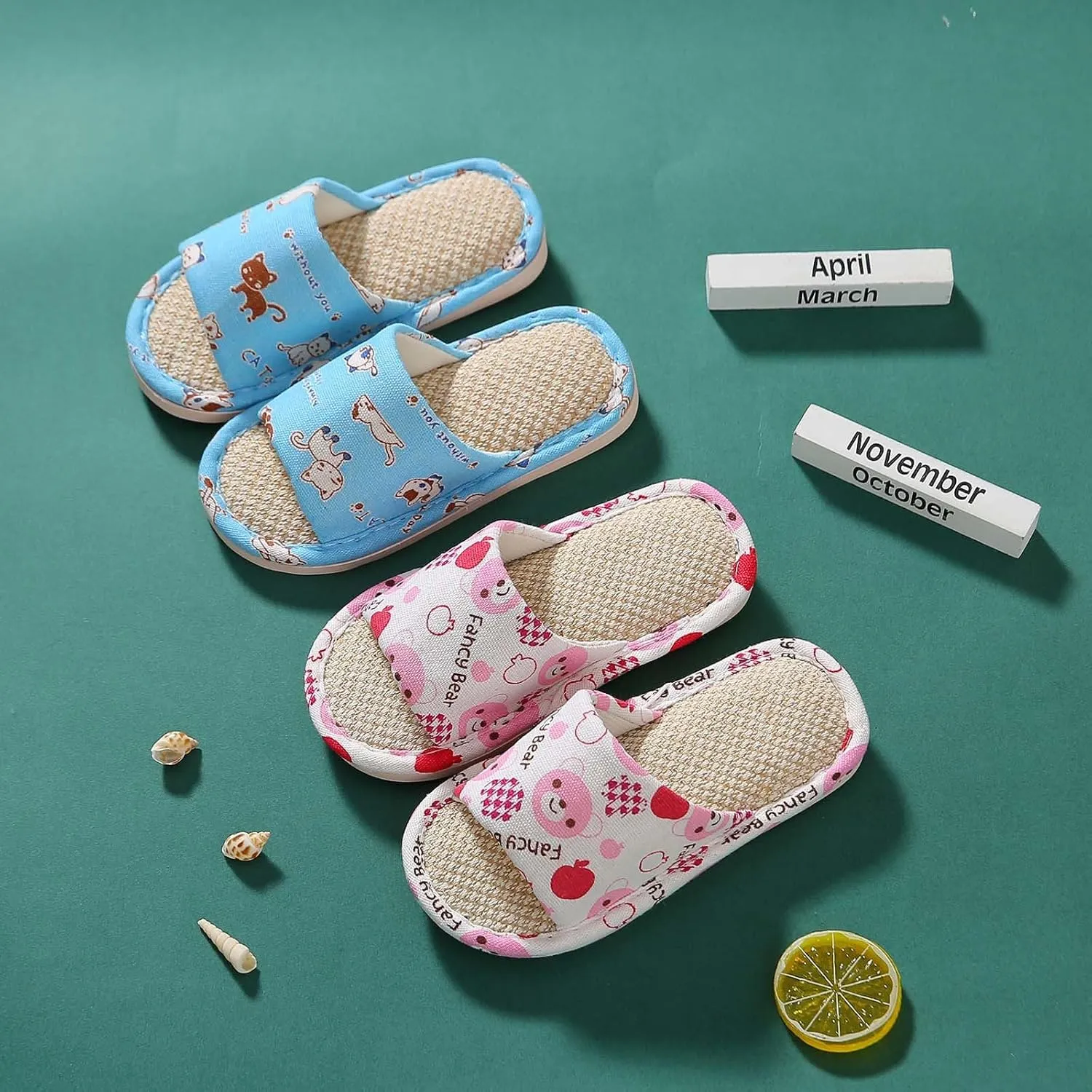 Kids House Slippers for Boys Girls Open Toe Cotton Linen Comfort Slip On Indoor Home Flat Slides Bedroom Footwear