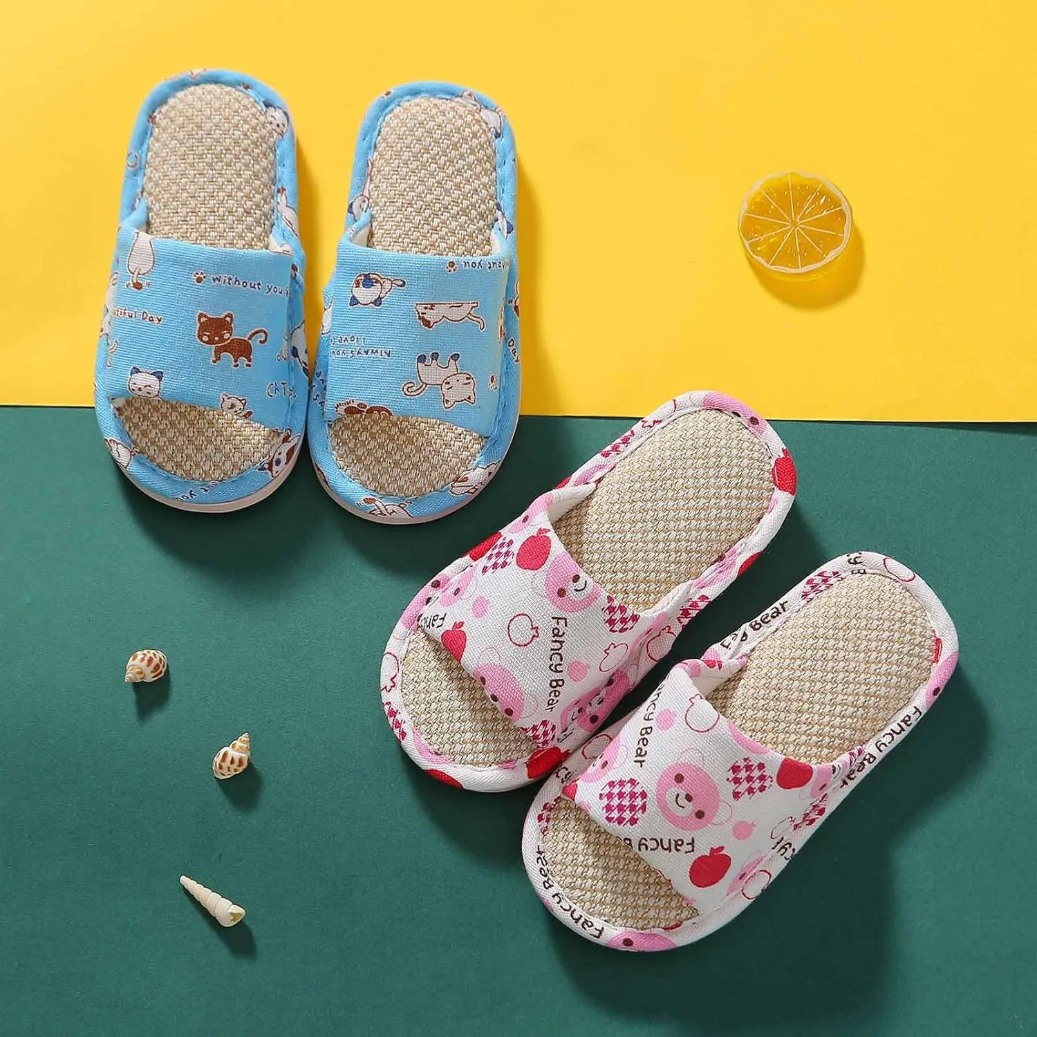 Kids House Slippers for Boys Girls Open Toe Cotton Linen Comfort Slip On Indoor Home Flat Slides Bedroom Footwear