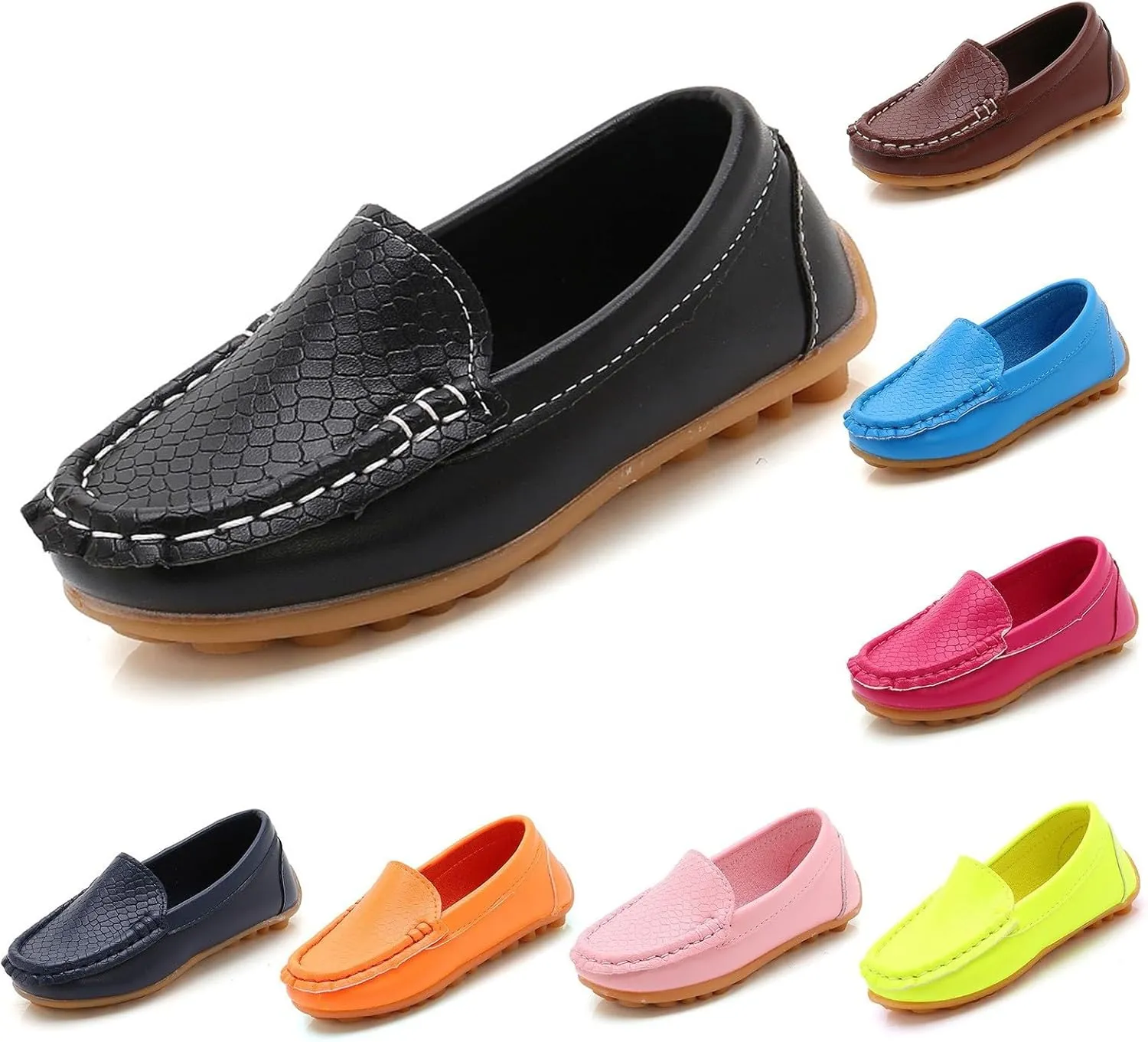 Kids Leather Loafers Slip-On Texture Flats Boys Girls Boat Shoes Toddler Soft Sole Moccasins School Tennis Shoes