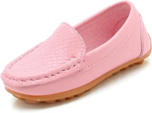 Kids Leather Loafers Slip-On Texture Flats Girls Boys Boat Shoes Toddler Soft Sole Moccasins School Tennis Shoes