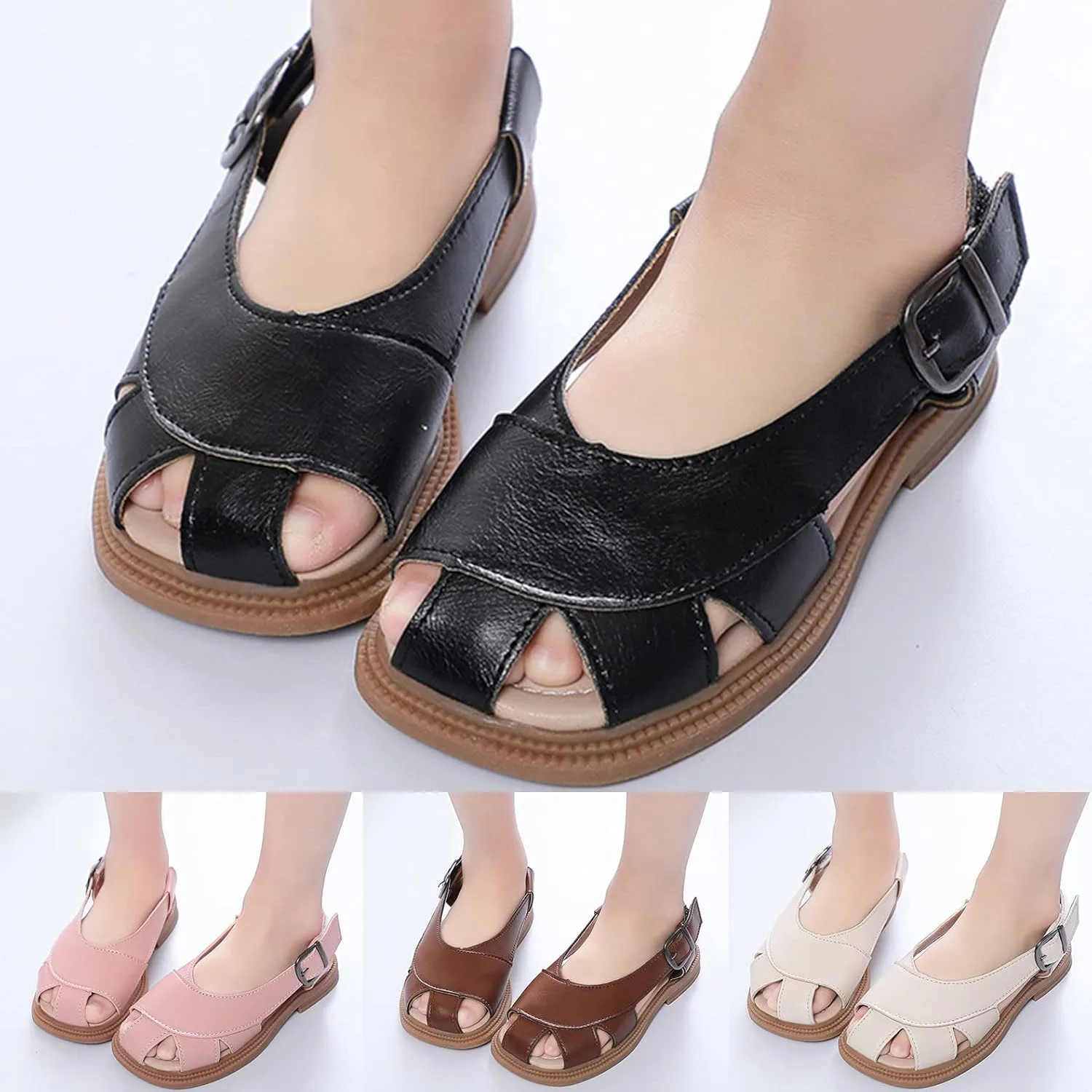 Kids Soft Closed Toe Leather Sandals Girls Boys Lightweight Hollow Holiday Beach Outdoor Beach Sport Water Shoes