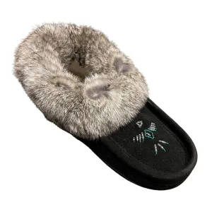 Ladies Moccasins - Black with Grey Fur