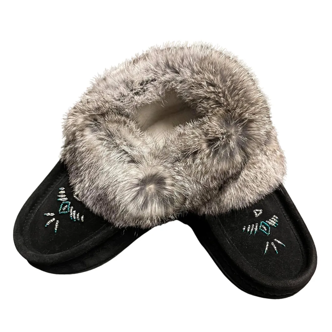 Ladies Moccasins - Black with Grey Fur