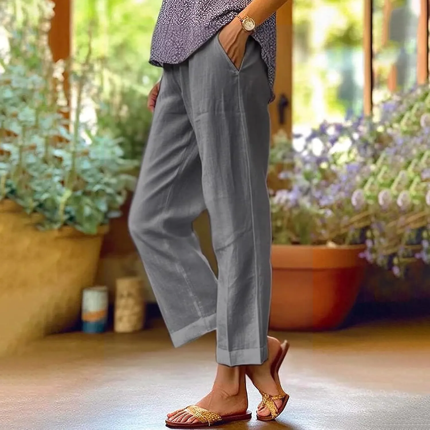 Leggings with Pockets for Women Pants Long Drawstring Linen Women Waist High Waisted Wide Leg Long Lounge Trousers