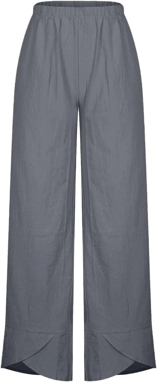 Linen Pants for Women Casual Summer Elastic Waist Pants Trousers with Pockets Beach Lightweight Capri Pants
