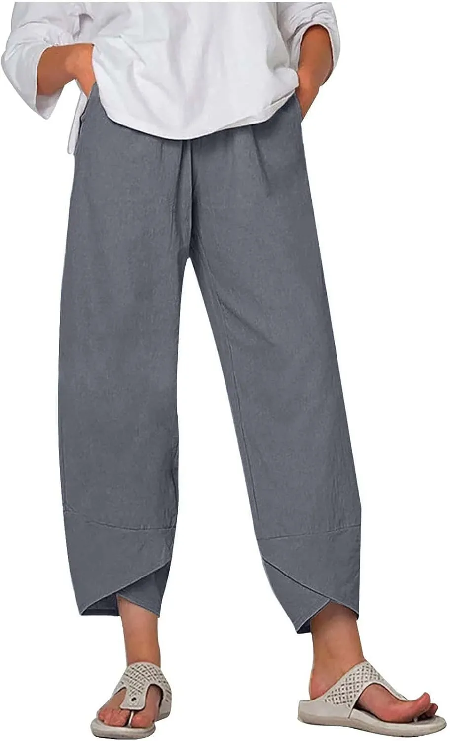Linen Pants for Women Casual Summer Elastic Waist Pants Trousers with Pockets Beach Lightweight Capri Pants