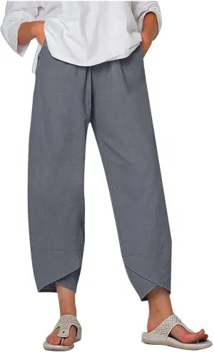 Linen Pants for Women Casual Summer Elastic Waist Pants Trousers with Pockets Beach Lightweight Capri Pants