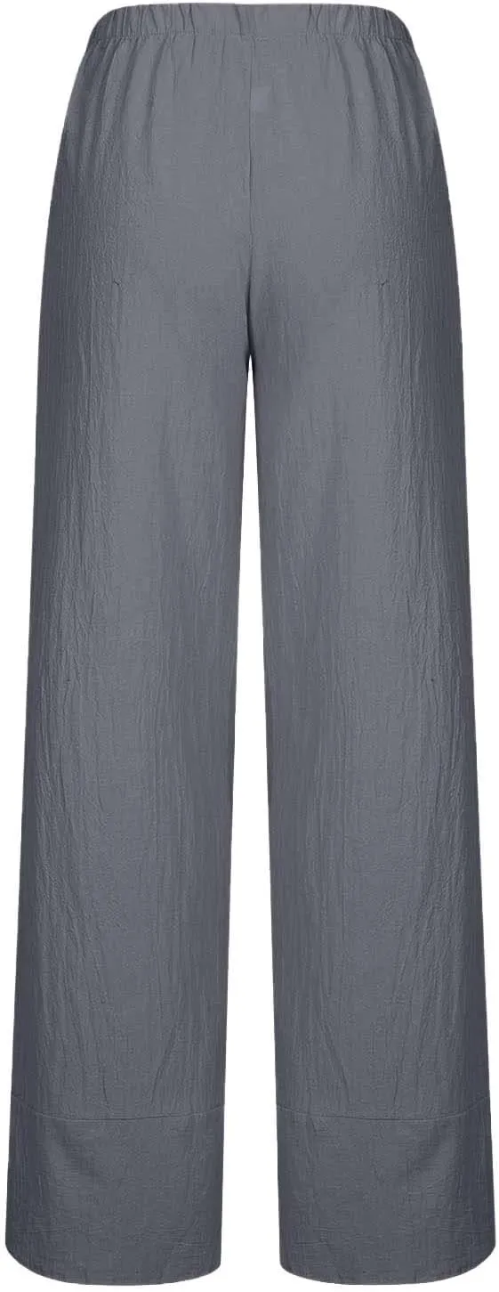 Linen Pants for Women Casual Summer Elastic Waist Pants Trousers with Pockets Beach Lightweight Capri Pants