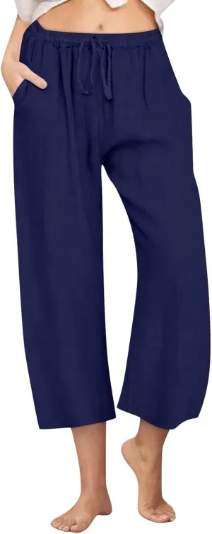 Linen Pants Women Summer Casual Wed Leg Lounge Trousers Drawstring High Waist Cropped Capri Pants Boho Beach Outfits