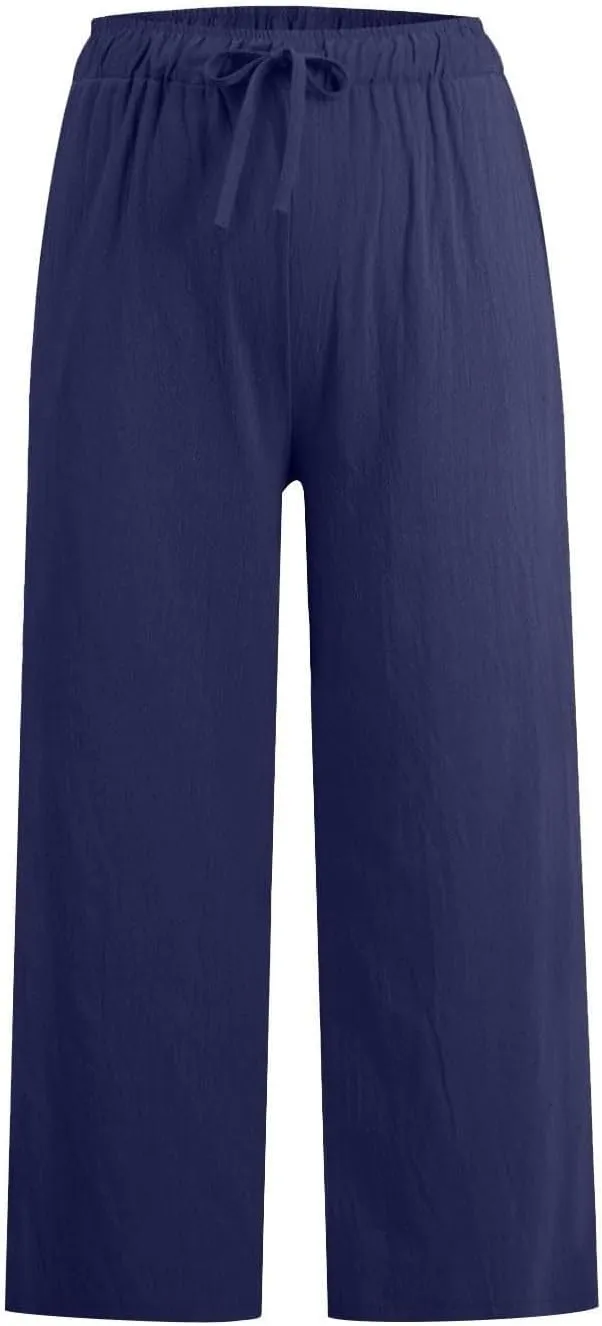 Linen Pants Women Summer Casual Wed Leg Lounge Trousers Drawstring High Waist Cropped Capri Pants Boho Beach Outfits