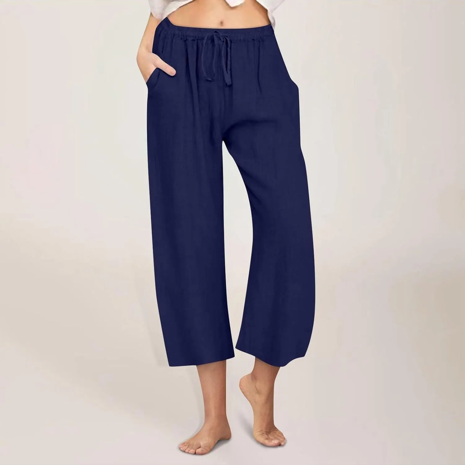 Linen Pants Women Summer Casual Wed Leg Lounge Trousers Drawstring High Waist Cropped Capri Pants Boho Beach Outfits