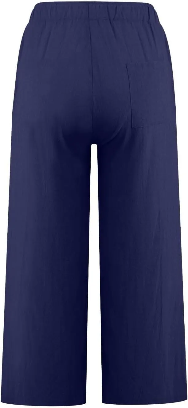 Linen Pants Women Summer Casual Wed Leg Lounge Trousers Drawstring High Waist Cropped Capri Pants Boho Beach Outfits
