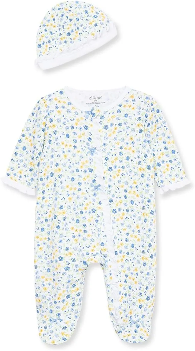 Little Me Clothes for Baby Girls 100% Cotton Scratch-Free Tag Footed One-Piece Romper and Hat Sleeper Set Preemie to 9 Months