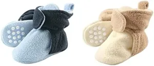 Luvable Friends Boy Cozy Fleece Booties 2-Pack, Light Blue Navy Cream Tan, 6-12 Months