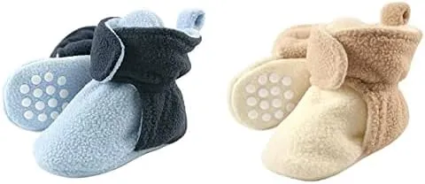 Luvable Friends Boy Cozy Fleece Booties 2-Pack, Light Blue Navy Cream Tan, 6-12 Months