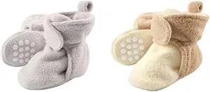 Luvable Friends Girl Cozy Fleece Booties 2-Pack, Gray Cream Tan, 0-6 Months