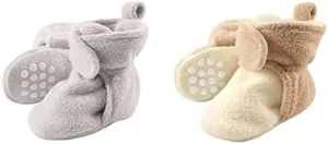 Luvable Friends Girl Cozy Fleece Booties 2-Pack, Gray Cream Tan, 6-12 Months