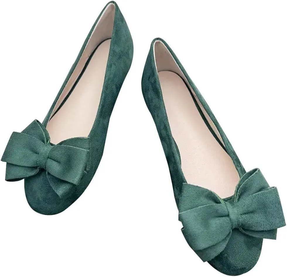 LUXINYU Women Round Toe Suede Ballet Flats with Cute Bowknot Elegant Slip on Soft Support Daily Walking Shoes Dress Shoes Office Shoes