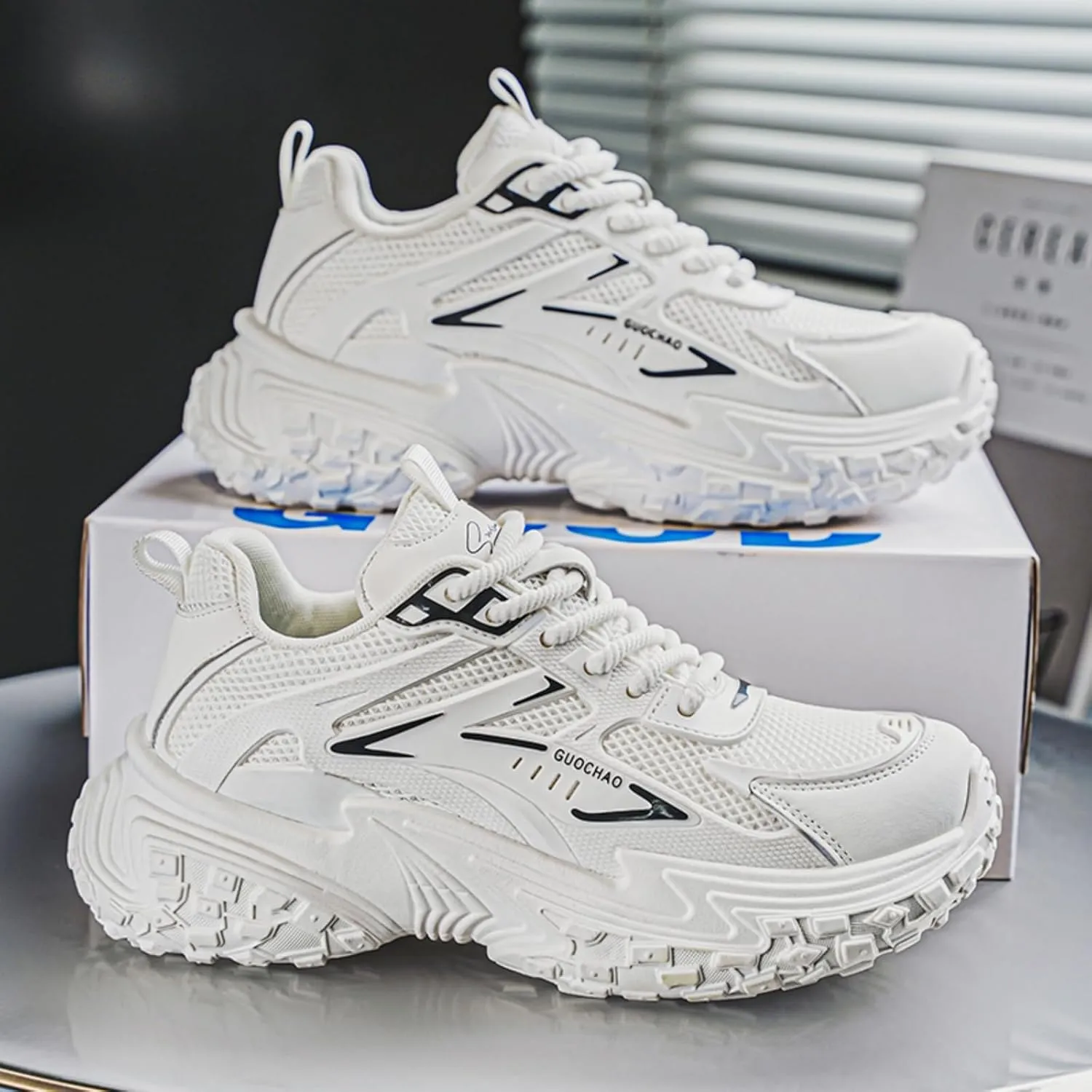 Mens Chunky Sneakers, Fashion Sneakers for Men, Lace - up Air Mesh Chunky Walking Tennis Shoes Trendy Dad Sneakers
