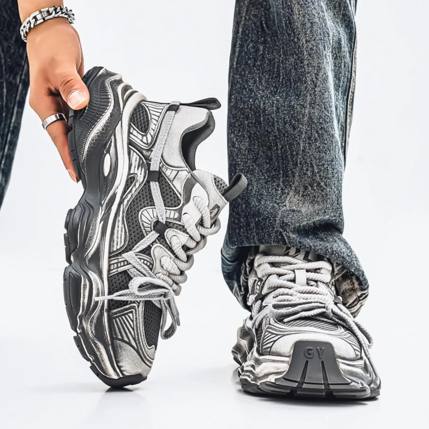 Men's Fashion Breathable Mesh Chunky Platform Lace Up Sneakers Casual Trendy Non Slip Round Toe Walking Tennis Shoes Dad Sneakers