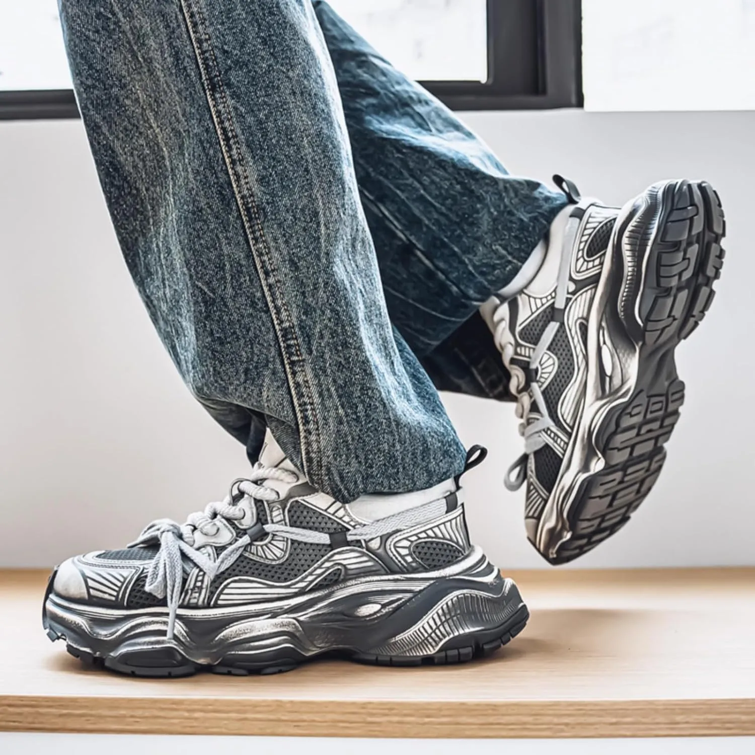 Men's Fashion Breathable Mesh Chunky Platform Lace Up Sneakers Casual Trendy Non Slip Round Toe Walking Tennis Shoes Dad Sneakers