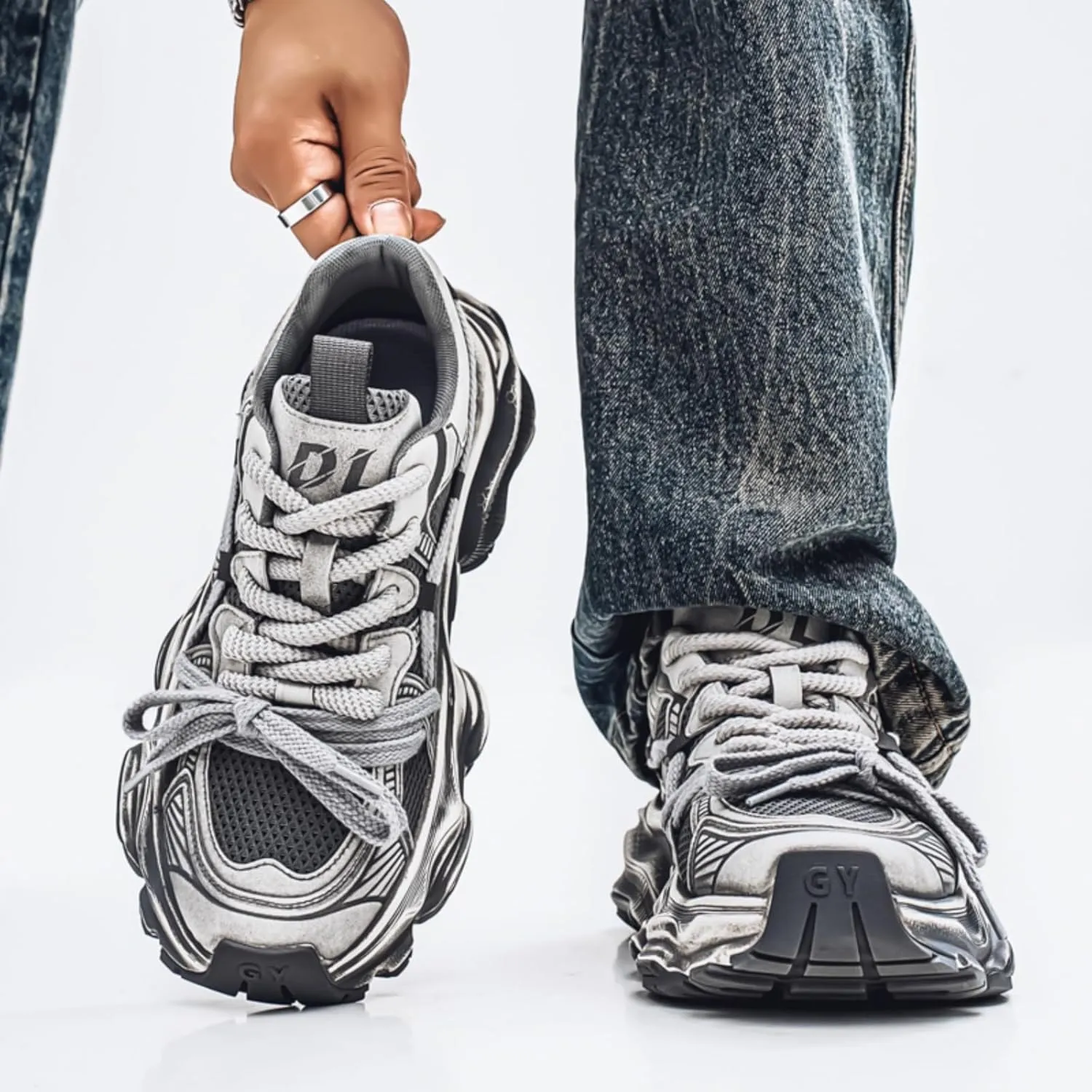 Men's Fashion Breathable Mesh Chunky Platform Lace Up Sneakers Casual Trendy Non Slip Round Toe Walking Tennis Shoes Dad Sneakers