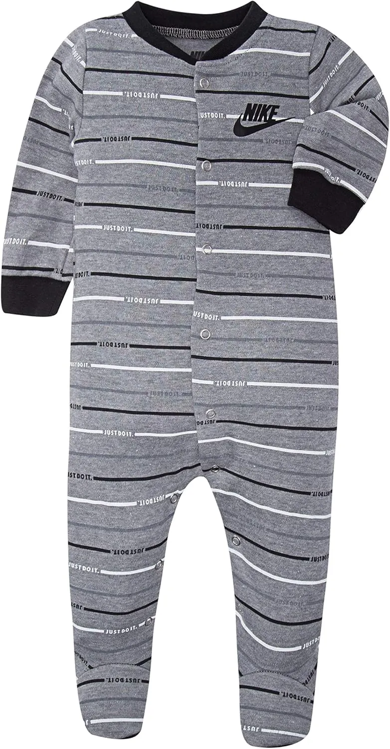 NIKE Children's Apparel Baby Graphic Footed Coverall, Dark Grey Heather/Black Stripe, 0/3M