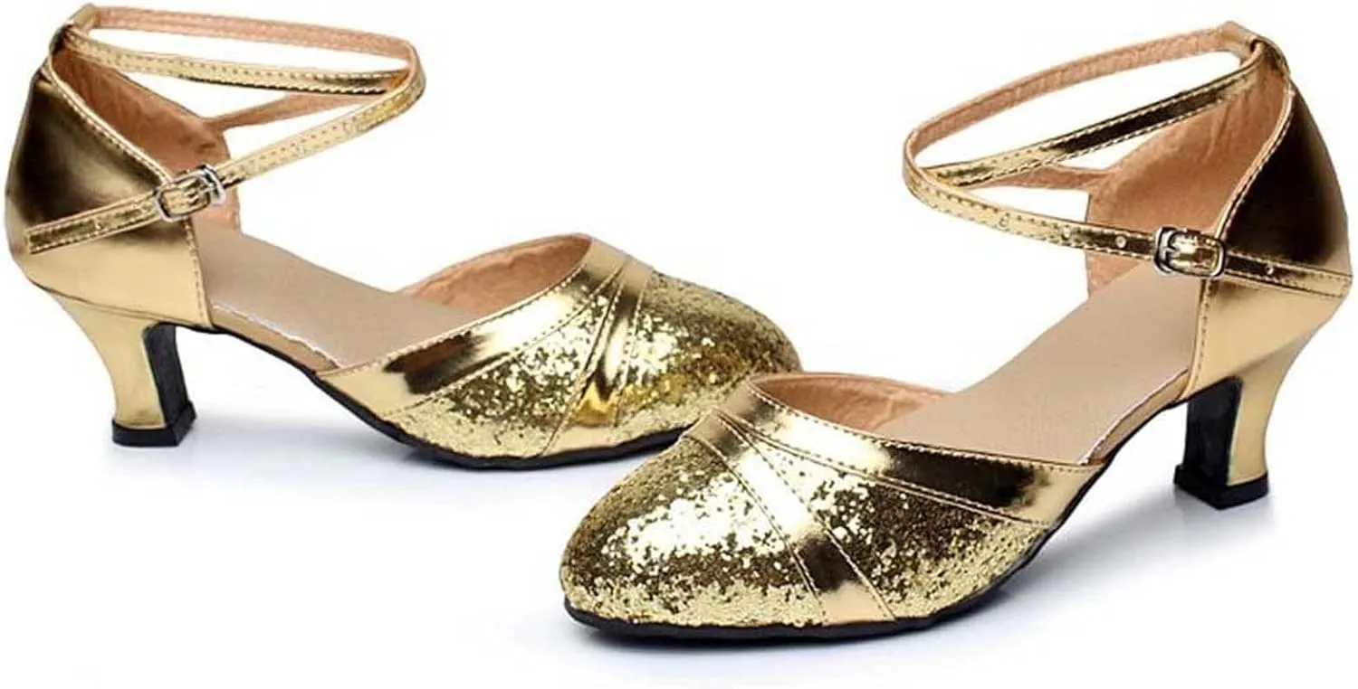 oiangi Womens Glitter Latin Dance Shoes Fashion Sequins Ballroom Salsa Tango Professional Performance Practice Dancing Shoes Trendy Ankle Straps Buckle Sandals