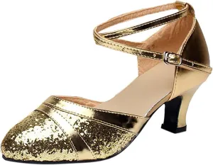 oiangi Womens Glitter Latin Dance Shoes Fashion Sequins Ballroom Salsa Tango Professional Performance Practice Dancing Shoes Trendy Ankle Straps Buckle Sandals
