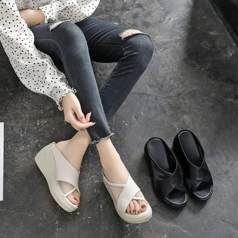 Orthopedic Sandals Summer Comfortable Orthotic Leather Wedges Slides Dressy Platform Heel Arch Support Slip Sandals Beach Shoes