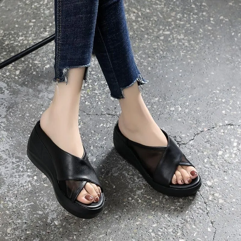 Orthopedic Sandals Summer Comfortable Orthotic Leather Wedges Slides Dressy Platform Heel Arch Support Slip Sandals Beach Shoes