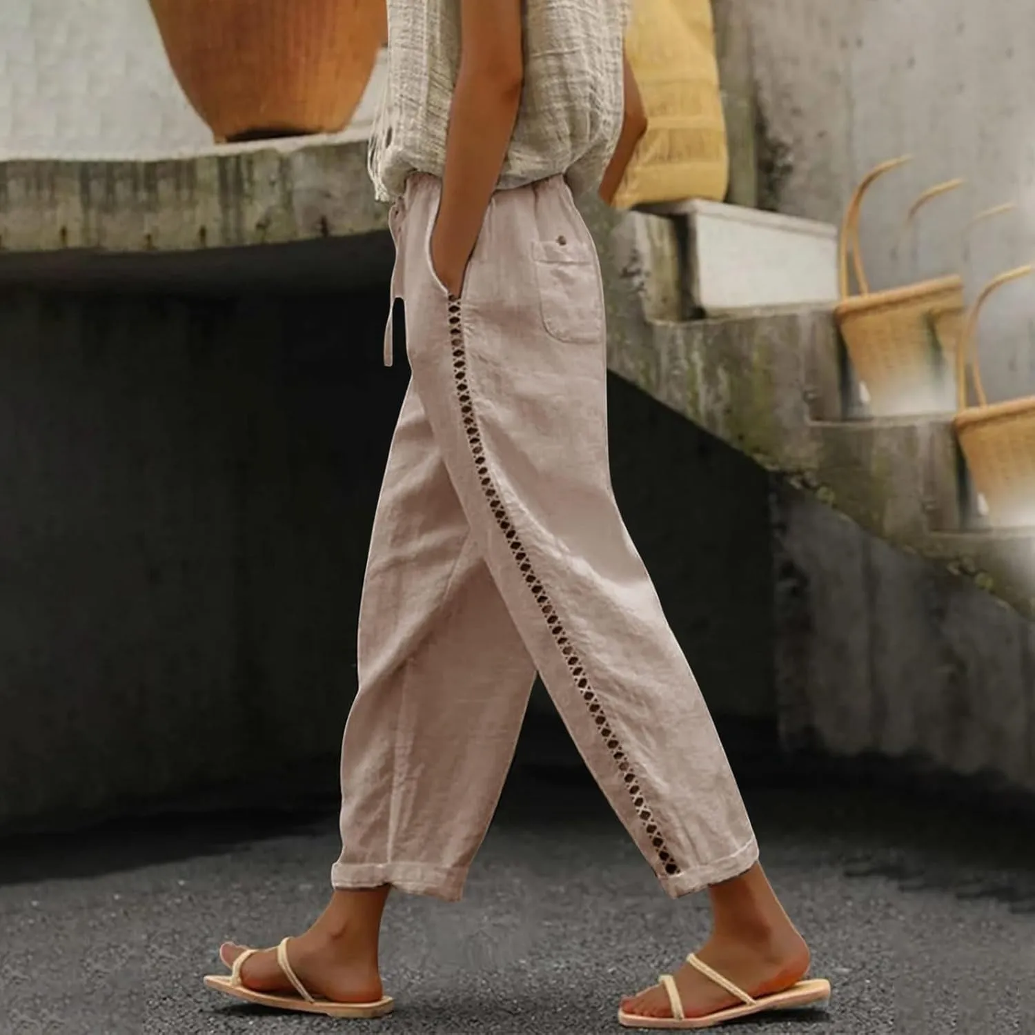 Palazzo Linen Pants 2025 Pants with Pockets Wide Leg Cropped Pants for Women Capri Pants 2025 Pants with Pockets