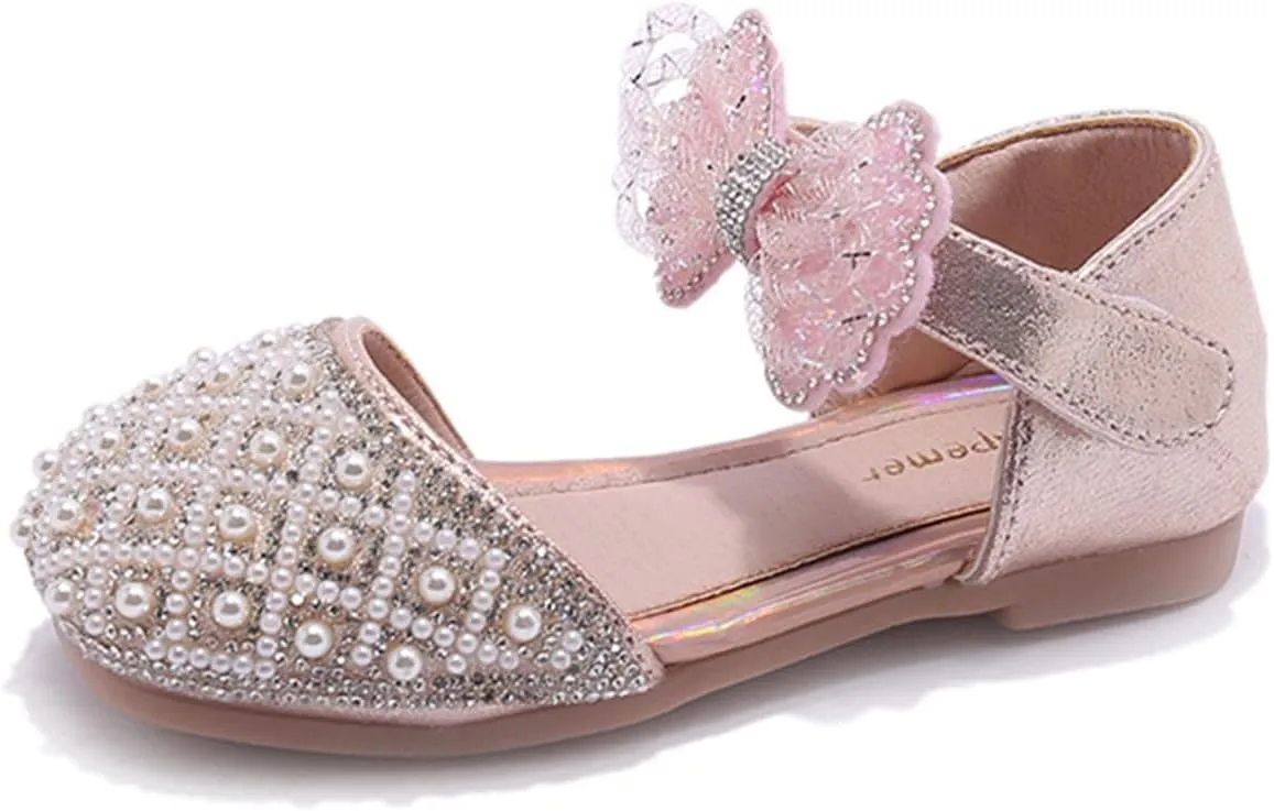 Pearl Bow Flat Dress Shoes for Girls Princess Closed Toe Mary Jane Ballerina Wedding Dress Shoes Summer Sandals