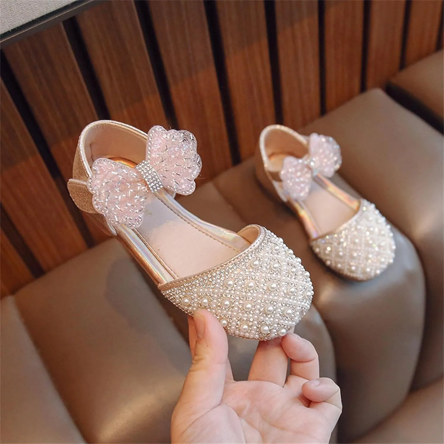 Pearl Bow Flat Dress Shoes for Girls Princess Closed Toe Mary Jane Ballerina Wedding Dress Shoes Summer Sandals