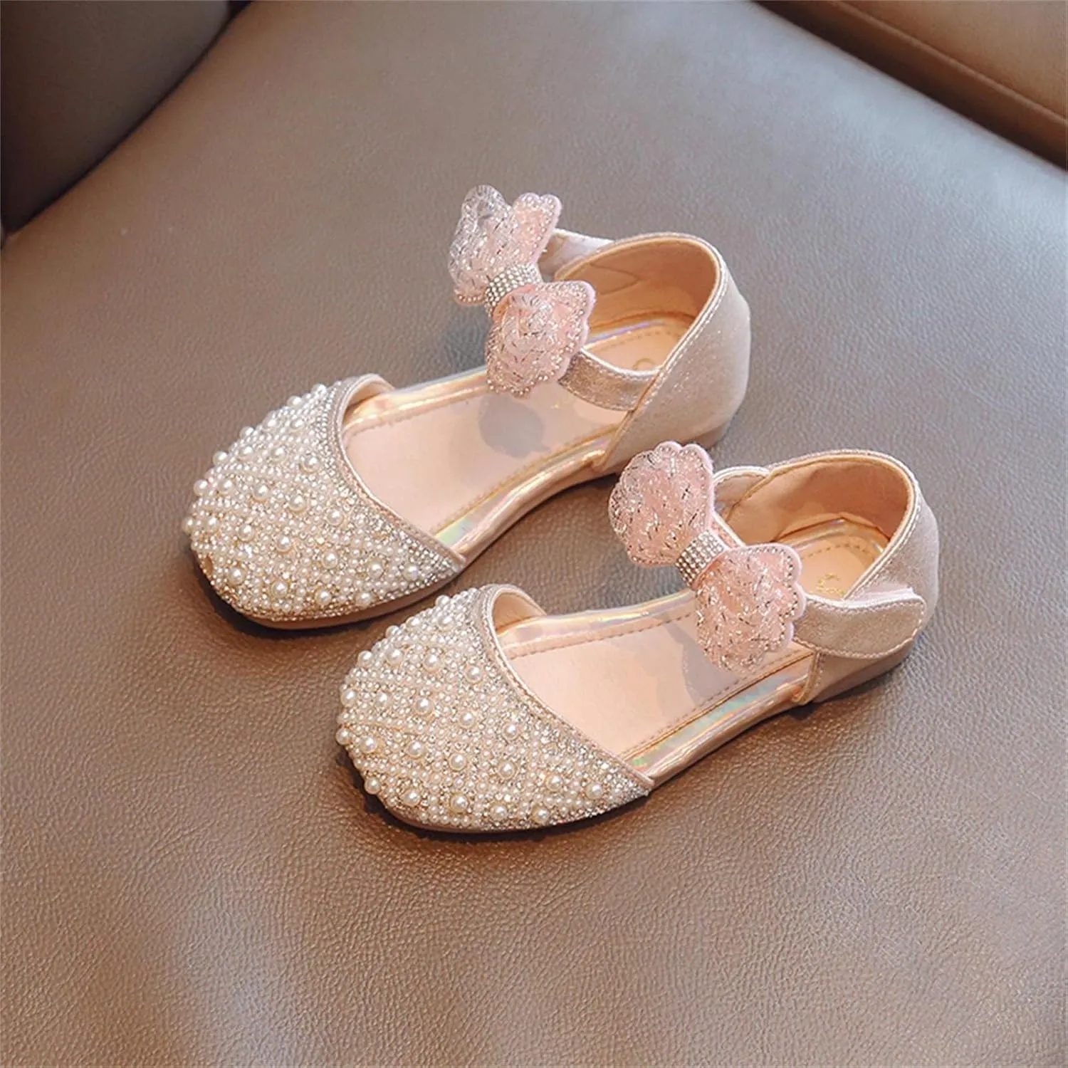 Pearl Bow Flat Dress Shoes for Girls Princess Closed Toe Mary Jane Ballerina Wedding Dress Shoes Summer Sandals