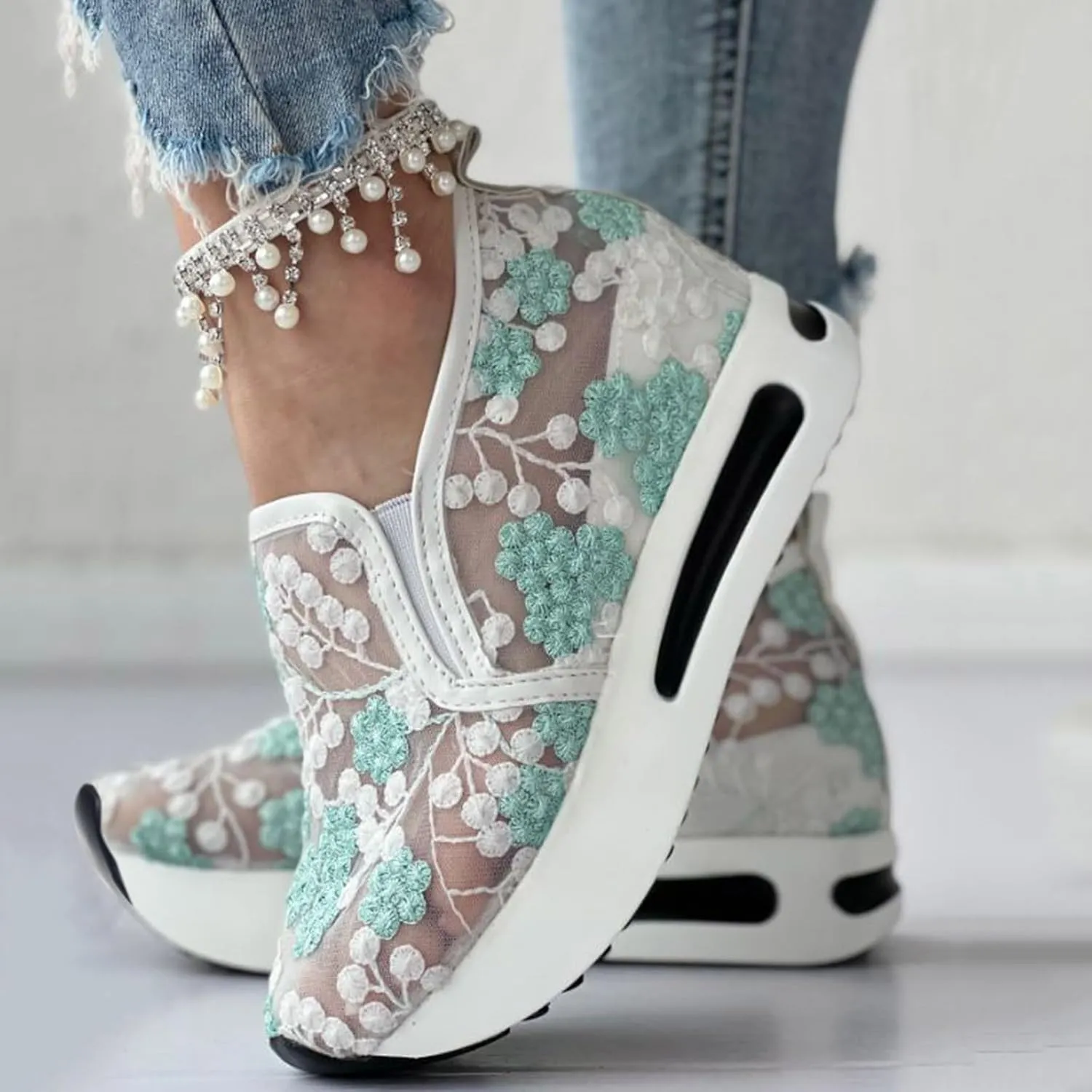 Platform Wedge Sneakers for Women Slip on Loafers Comfortable Thick Soft Shoes Arch Support Walking Work Shoes Breathable Sheer Mesh Lace Fashion Shoe Comfort Sneaker