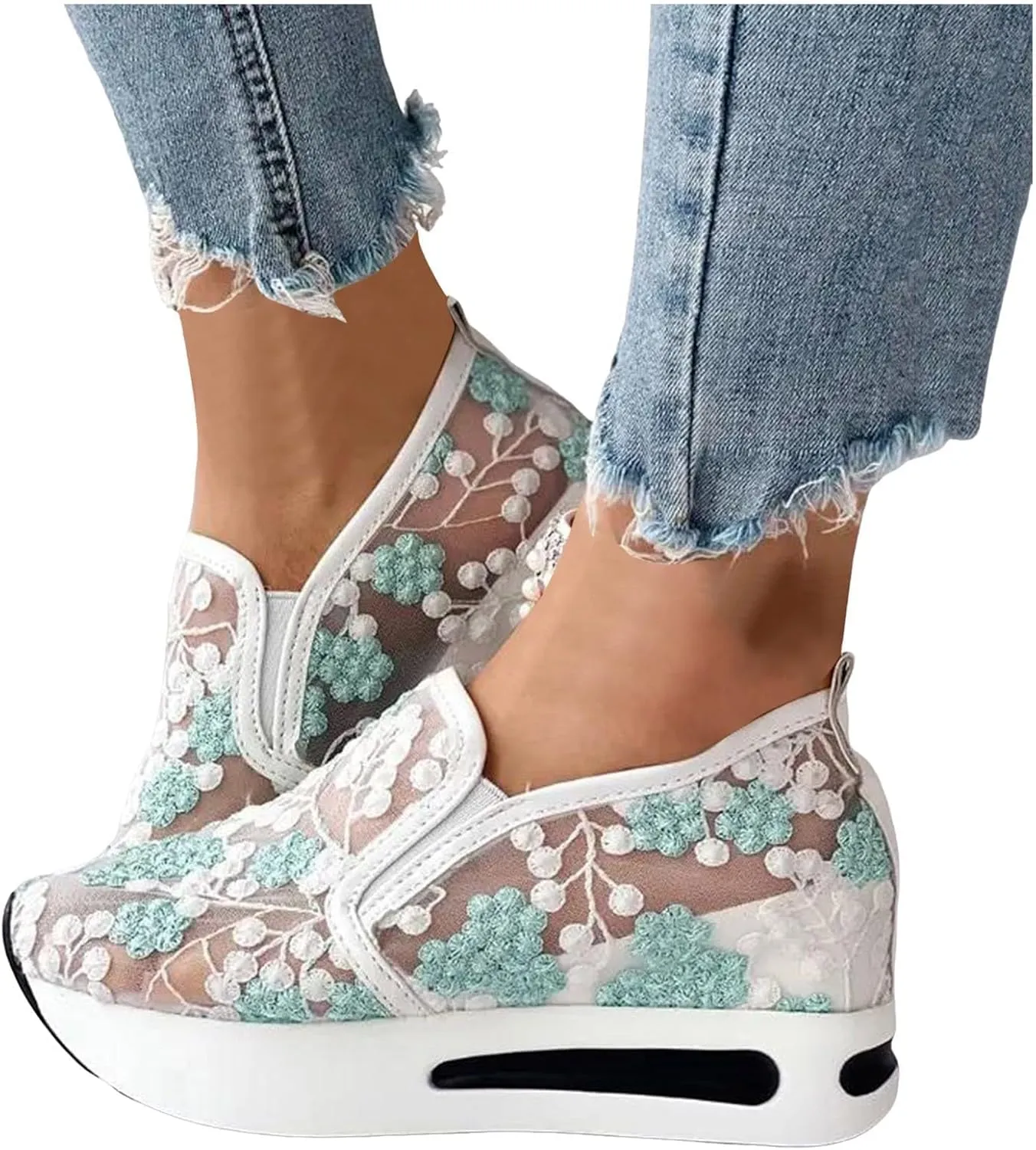 Platform Wedge Sneakers for Women Slip on Loafers Comfortable Thick Soft Shoes Arch Support Walking Work Shoes Breathable Sheer Mesh Lace Fashion Shoe Comfort Sneaker