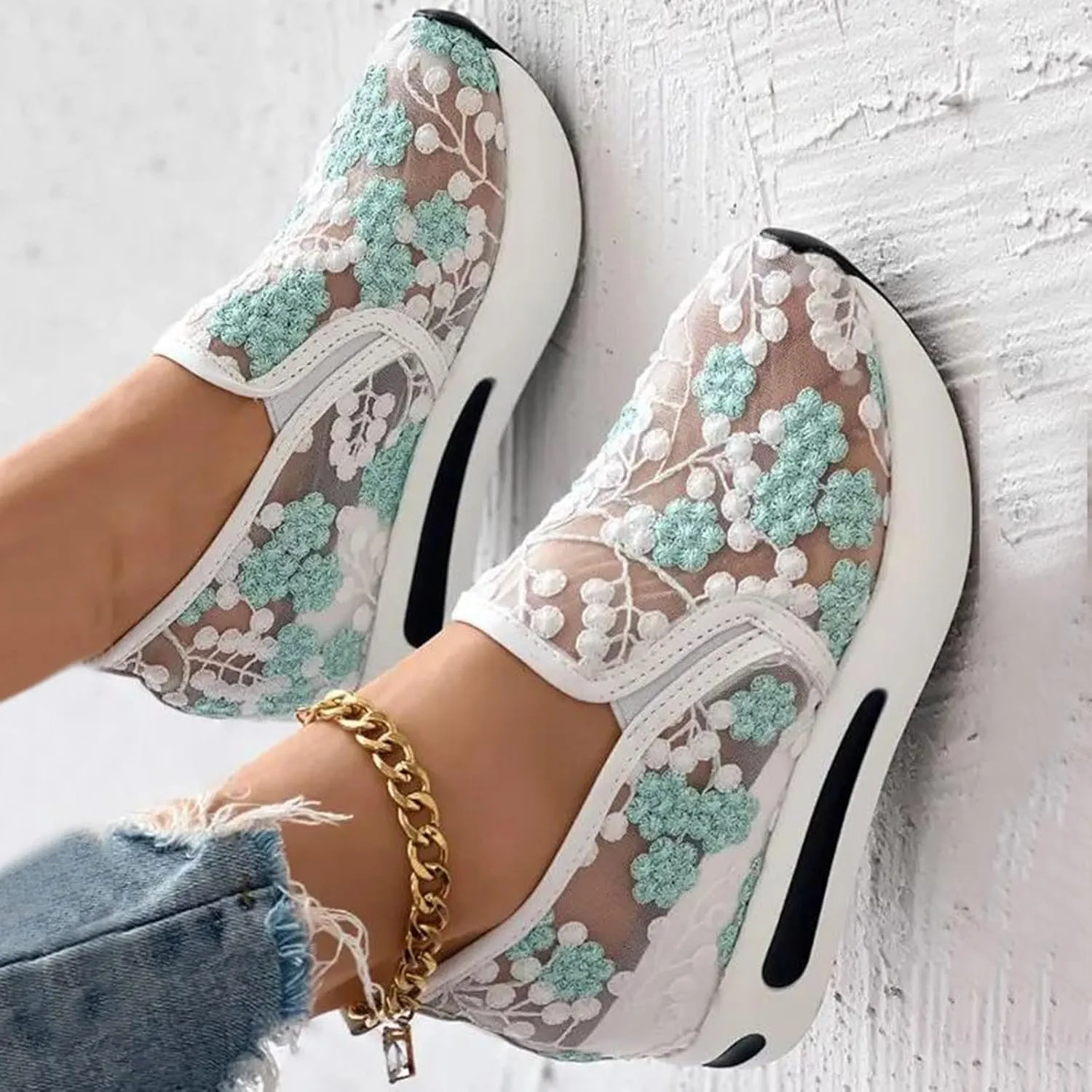 Platform Wedge Sneakers for Women Slip on Loafers Comfortable Thick Soft Shoes Arch Support Walking Work Shoes Breathable Sheer Mesh Lace Fashion Shoe Comfort Sneaker