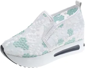 Platform Wedge Sneakers for Women Slip on Loafers Comfortable Thick Soft Shoes Arch Support Walking Work Shoes Breathable Sheer Mesh Lace Fashion Shoe Comfort Sneaker