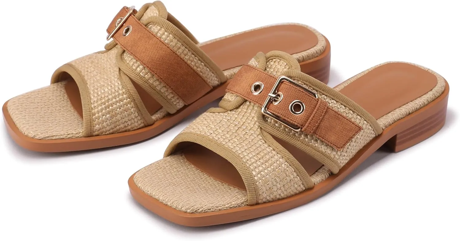 Raffia Heeled Sandals Women Open Square Toe Slip on Straw Espadrilles Mules Summer Beach Sandals