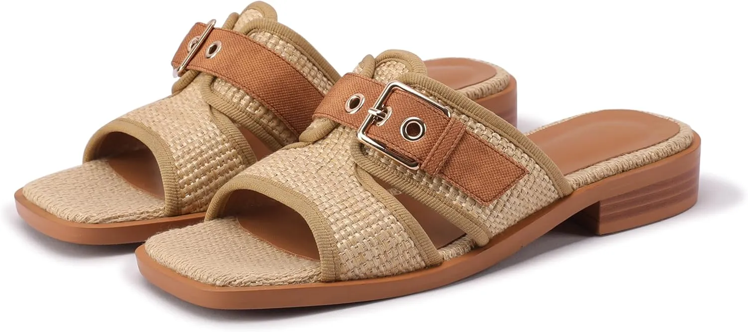 Raffia Heeled Sandals Women Open Square Toe Slip on Straw Espadrilles Mules Summer Beach Sandals
