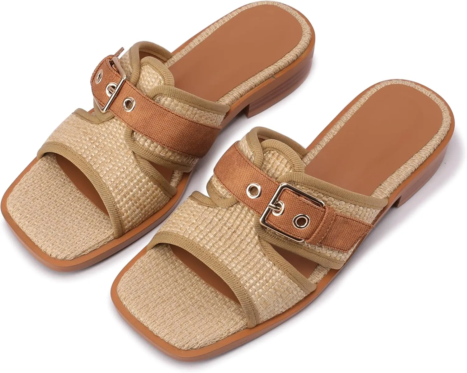 Raffia Heeled Sandals Women Open Square Toe Slip on Straw Espadrilles Mules Summer Beach Sandals
