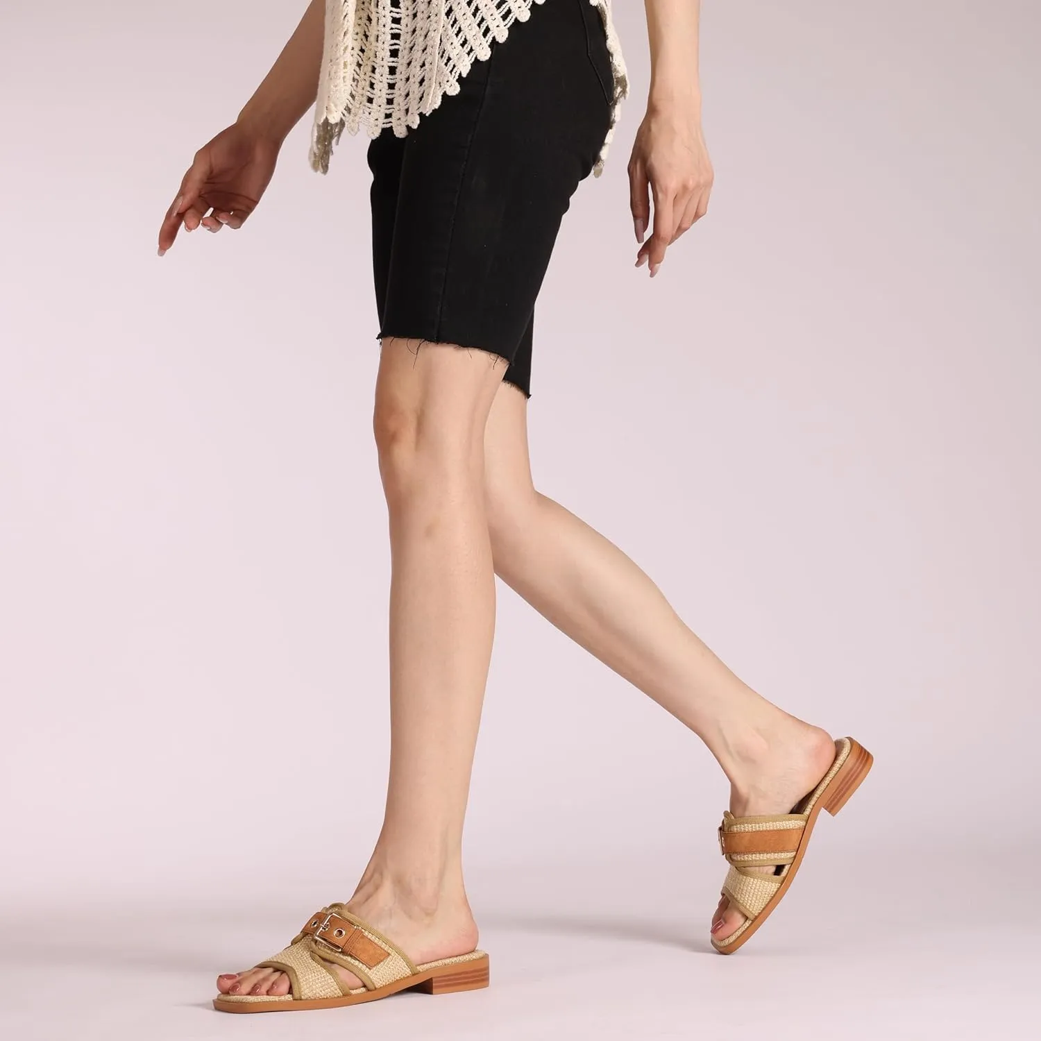 Raffia Heeled Sandals Women Open Square Toe Slip on Straw Espadrilles Mules Summer Beach Sandals