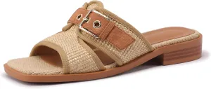 Raffia Heeled Sandals Women Open Square Toe Slip on Straw Espadrilles Mules Summer Beach Sandals