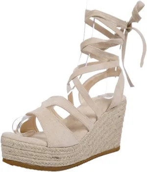 Rattan Sandals Raffia Wedge Espadrilles for Women Platform Strappy Dress Shoes Straw Woven Casual House Slippers Breathable Open Toes Summer Walking Slides Beach Party No Slip Sole with Arch Support